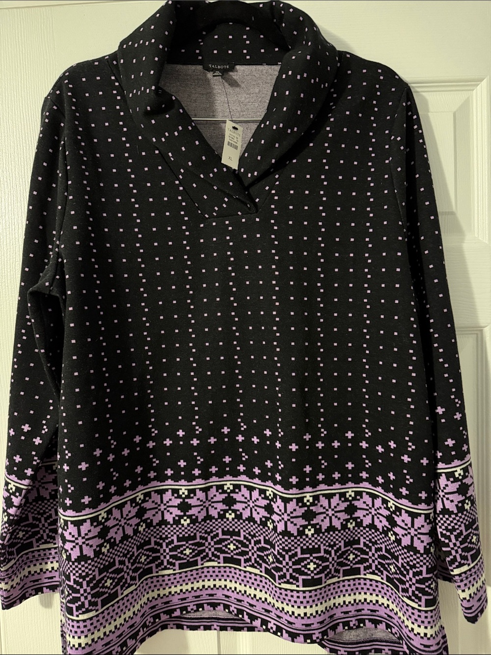 Talbots Black and Lavender Patterned Shawl-Collar Knit Top